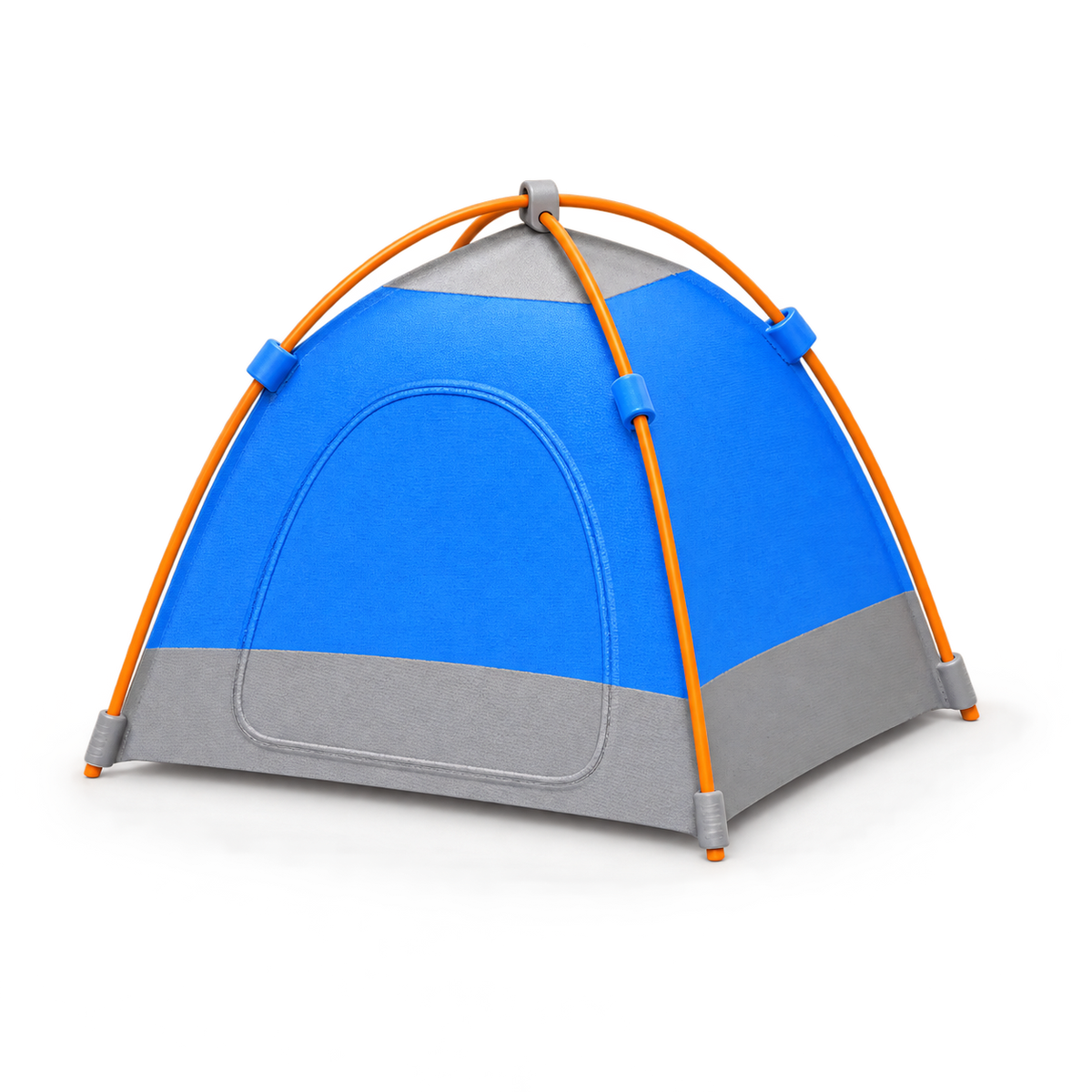 A small dome camping tent with a bright blue upper section, gray lower section, and orange support poles, shown on a clean white background.