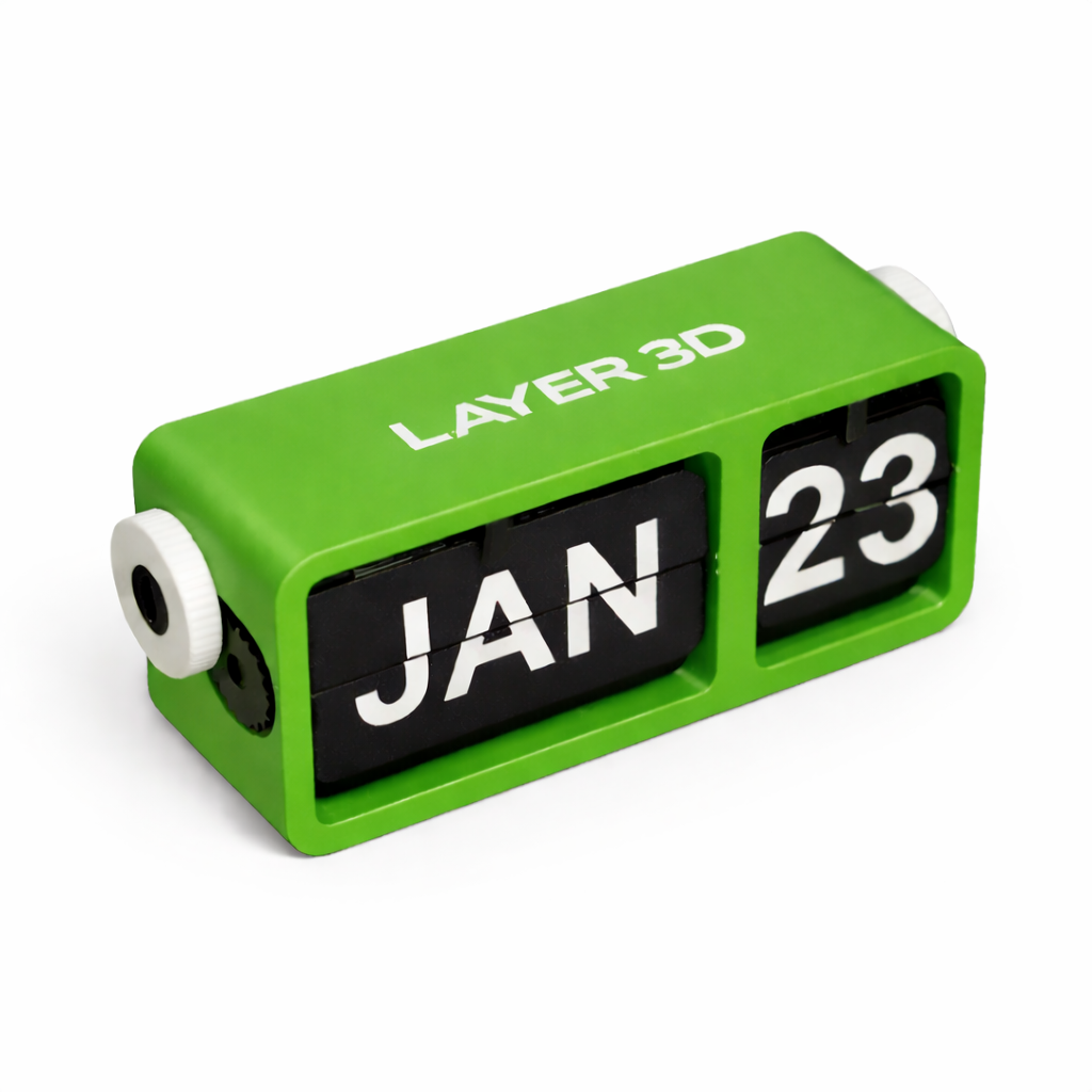 3D Printed Perpetual Flip Calendar – Side Angle View – LAYER 3D
