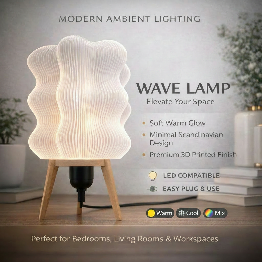A glowing Layer 3D Designer Wave Lamp with a wavy white shade and light wood legs, shown in a styled interior setting with text overlays highlighting its modern ambient lighting and warm glow.