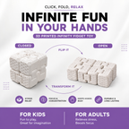 An infographic-style product image for a 3D printed infinity fidget toy. The top text reads 'CLICK, FOLD, RELAX' and 'INFINITE FUN IN YOUR HANDS,' with the toy shown in two states: closed on the left and open/transformed on the right, connected by arrows labeled 'FLIP IT' and 'TRANSFORM IT.
