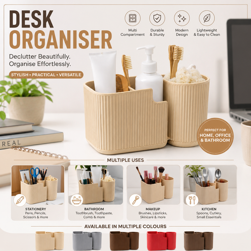 A beige ribbed three-compartment desk organizer shown on a tabletop with bathroom and office items, alongside marketing text, usage examples, and color options. creative