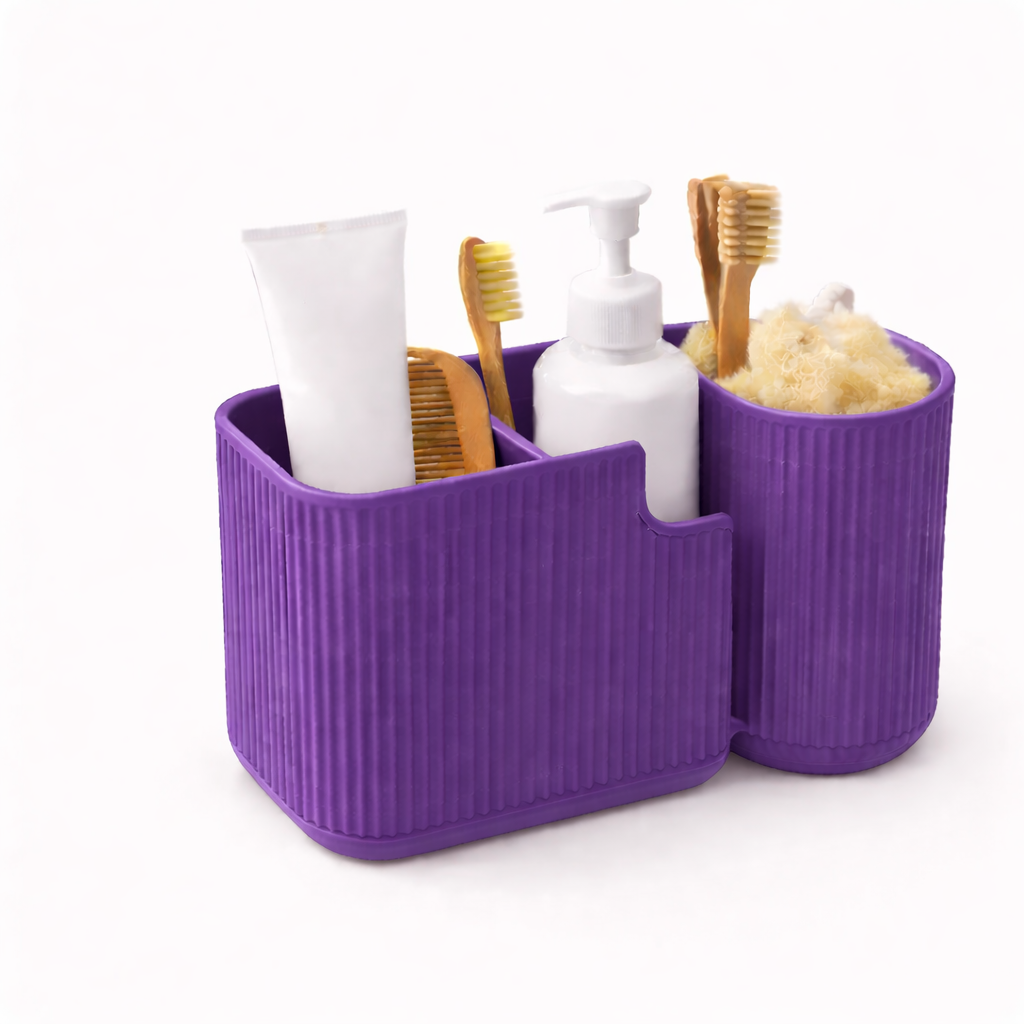 Purple bathroom caddy with toiletries including toothbrushes and bottles on a white background