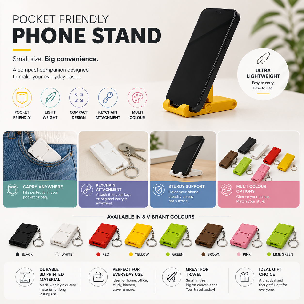 Foldable Pocket Phone Stand Keychain 3D Printed – Gift Idea – LAYER 3D creative
