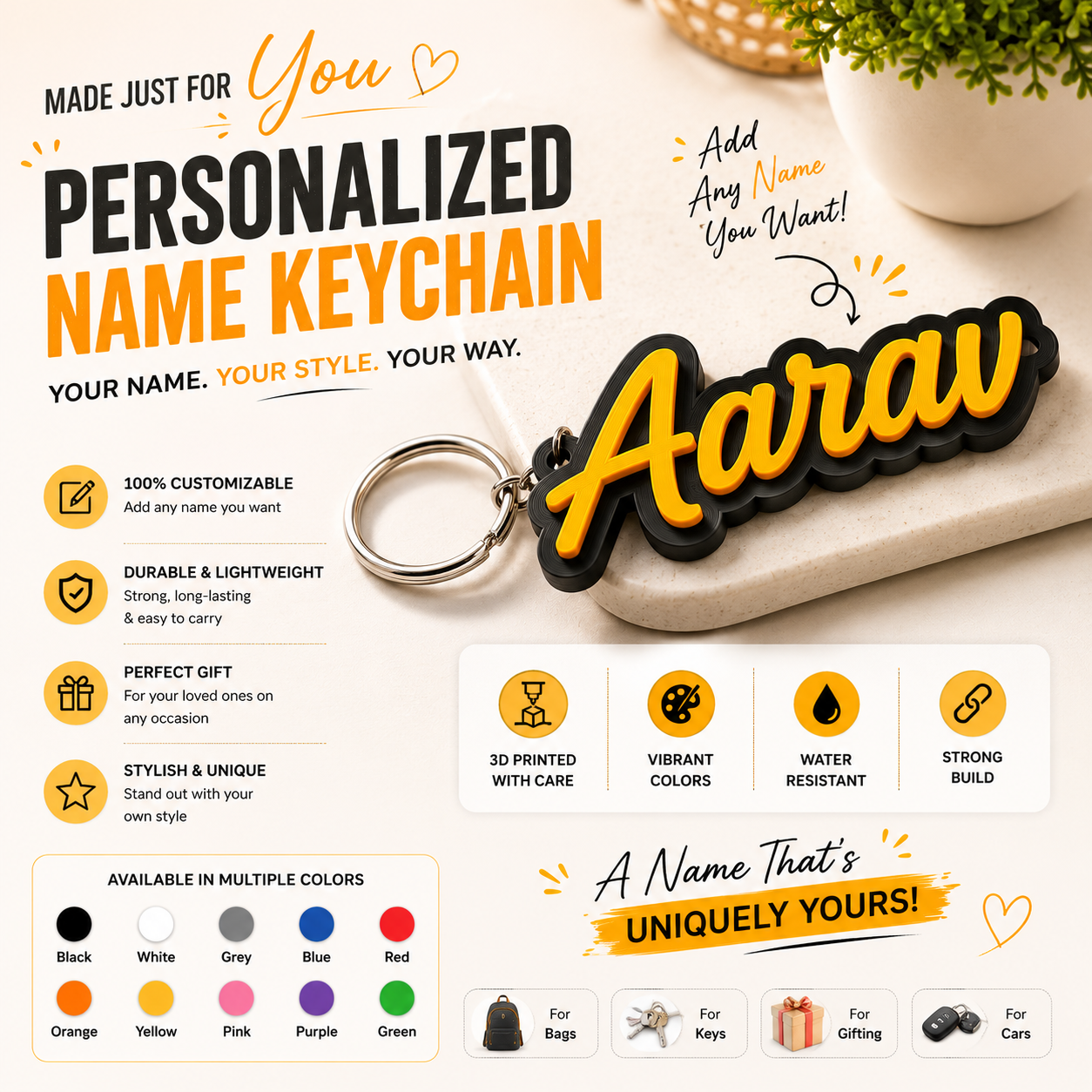 Custom 3D printed name keychain creative