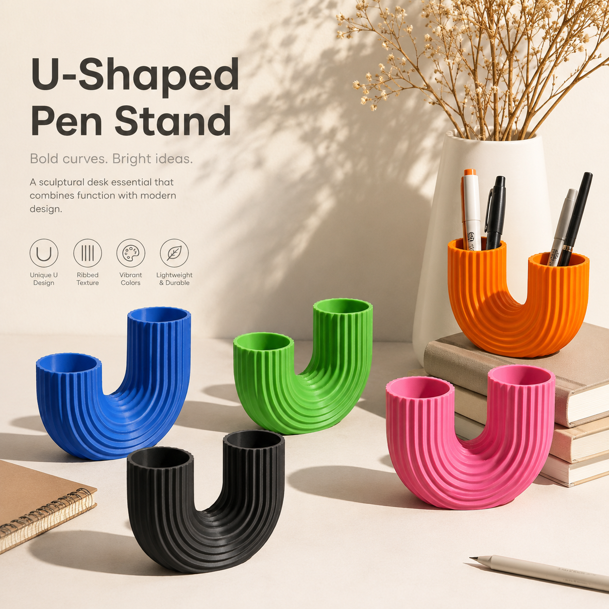 U-Shaped Fluted Pen Stand 3D Printed – Desk Lifestyle Setup – LAYER 3D creative
