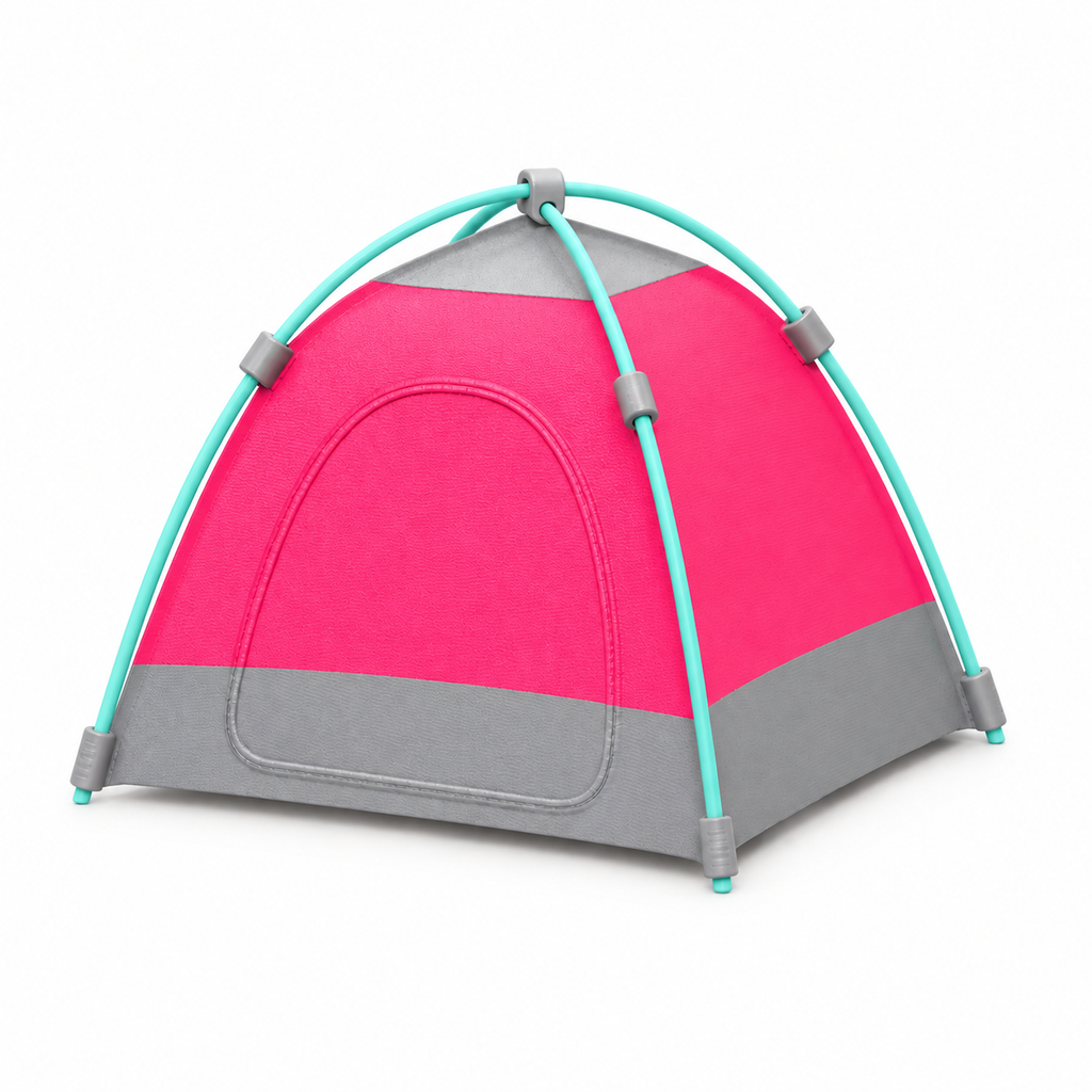 A miniature toy dome tent with a bright pink and gray fabric body, supported by light blue-green curved poles with gray plastic connectors, shown on a plain white background.