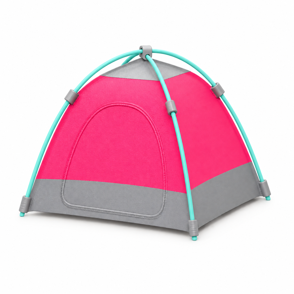 A miniature toy dome tent with a bright pink and gray fabric body, supported by light blue-green curved poles with gray plastic connectors, shown on a plain white background.