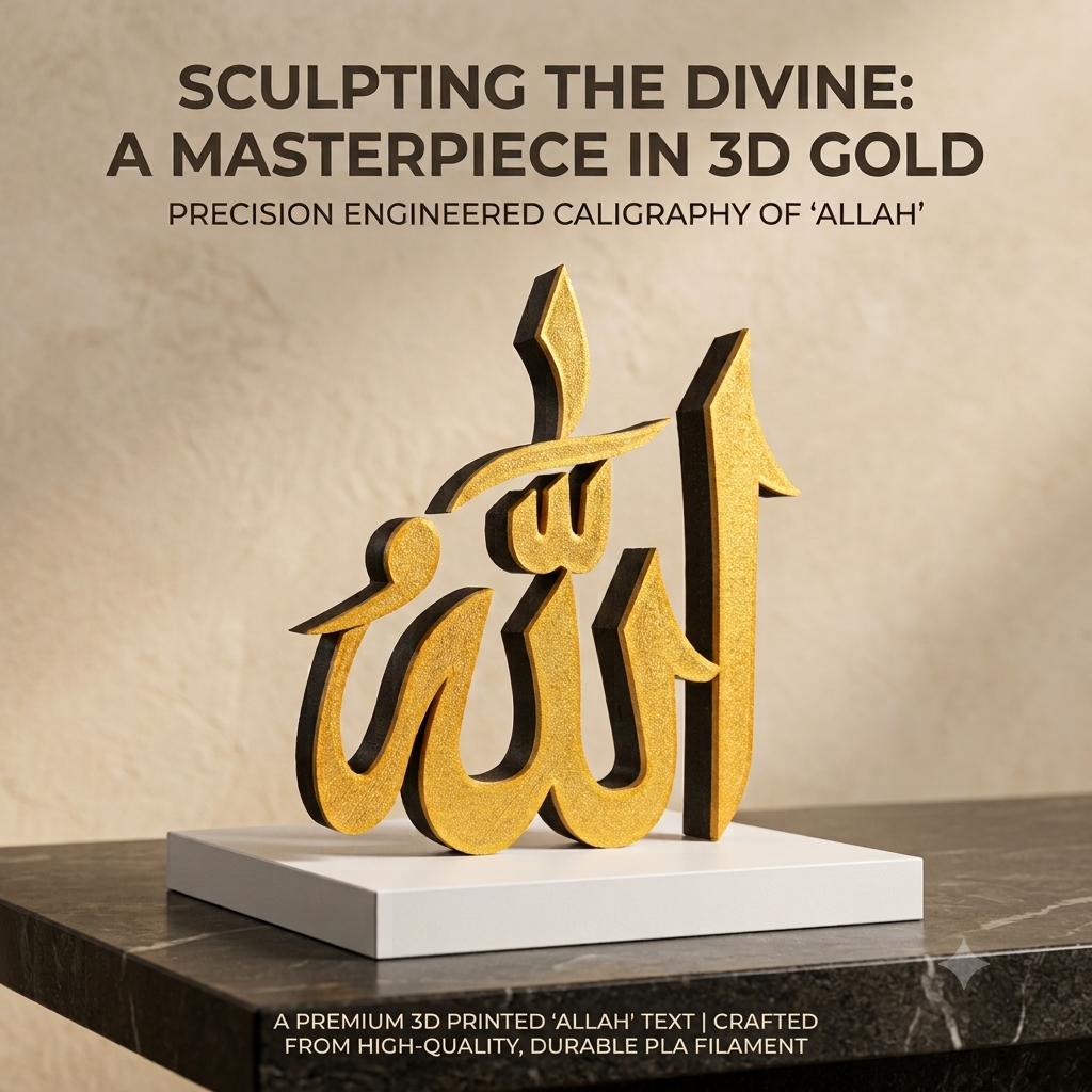A 3D gold-plated calligraphy sculpture of 'Allah' on a white rectangular base, displayed on a dark marble surface against a textured beige wall. Promotional text overlays describe the piece as 'Sculpting the Divine: A Masterpiece in 3D Gold'.