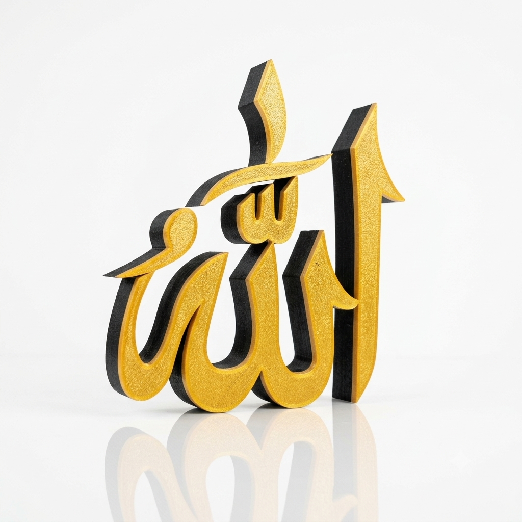 A 3D Arabic calligraphy sculpture of the word 'Allah' in a textured gold finish with black side accents, standing on a reflective white surface against a white background.